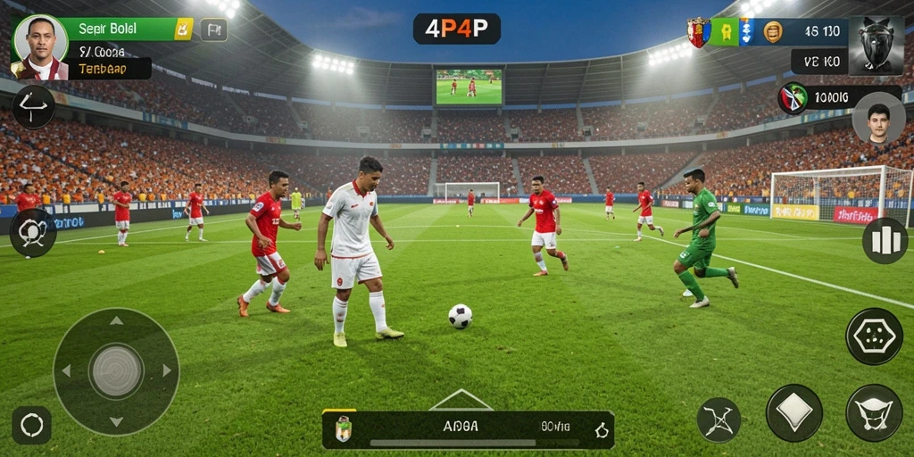 Screenshot gameplay 4P4P menunjukkan aksi sepak bola yang mendebarkan.