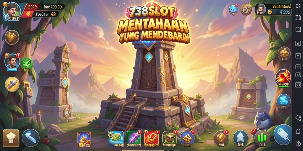 Screenshot gameplay 738SLOT menunjukkan pertempuran Tower Defense yang intens.