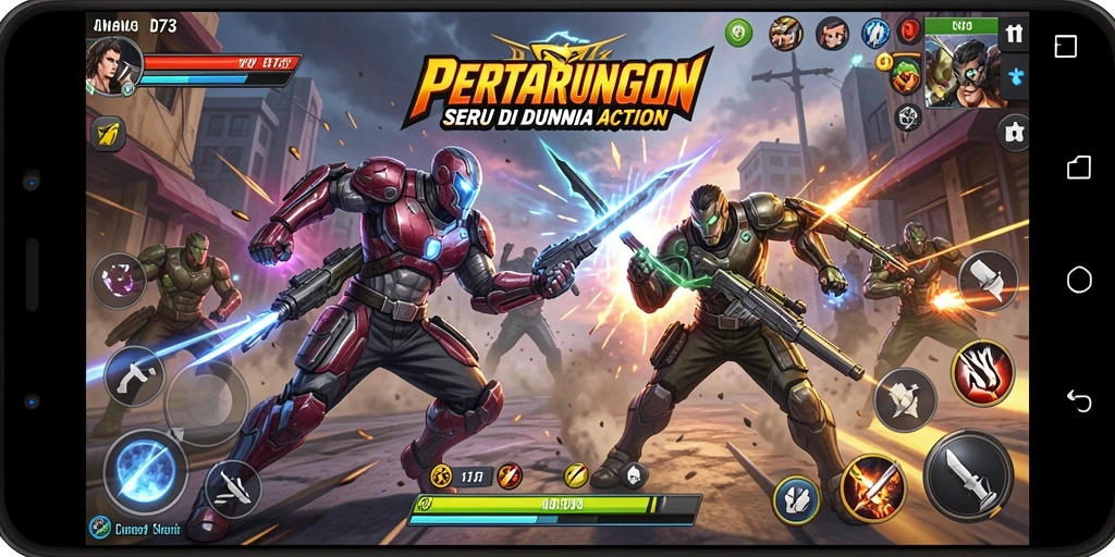 Screenshot gameplay D73 menampilkan aksi mendebarkan di arena pertempuran.