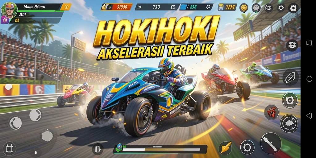 Gameplay HOKIHOKI dengan mobil balap di lintasan yang menantang.