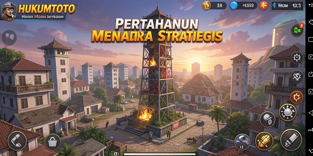 Gameplay HUKUMTOTO menampilkan pertarungan menara yang intens dan strategis.