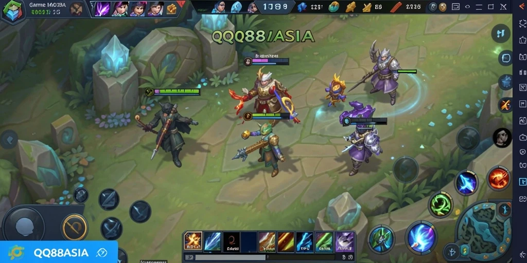 Tampilan gameplay seru dalam pertarungan MOBA di QQ88ASIA.
