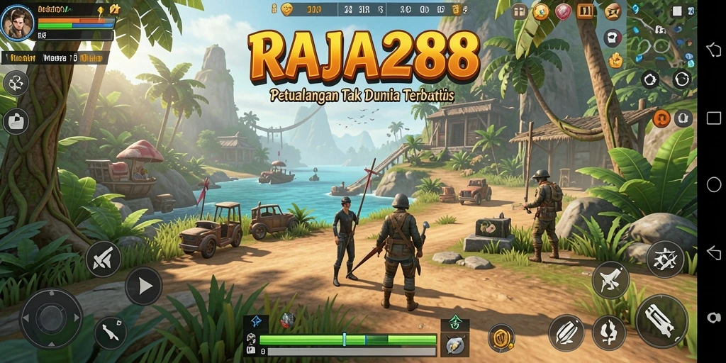 Screenshot gameplay RAJA288 menampilkan karakter menjelajahi hutan lebat.